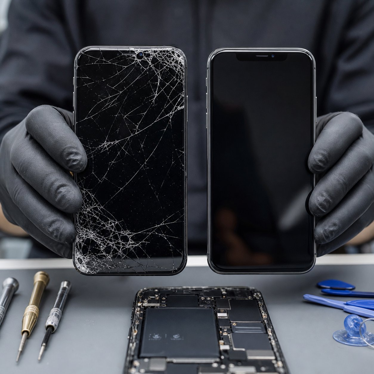 Tela de iPhone trincada ao lado de uma tela nova, pronta para a troca de tela de iPhone em Goiânia