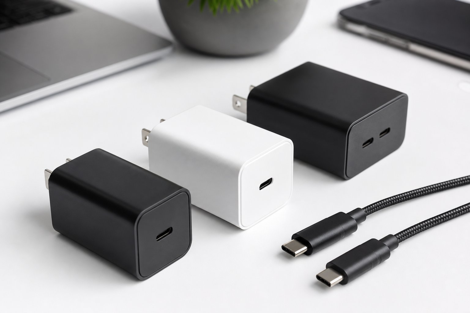 Carregadores e cabos USB-C à venda na loja de conserto de celular da GranTech em Goiânia