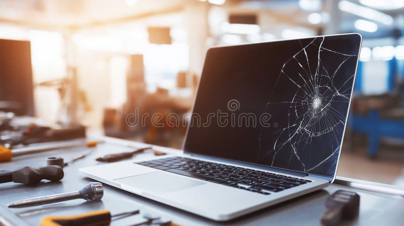 Notebook com a tela trincada na bancada da assistência técnica da GranTech em Goiânia