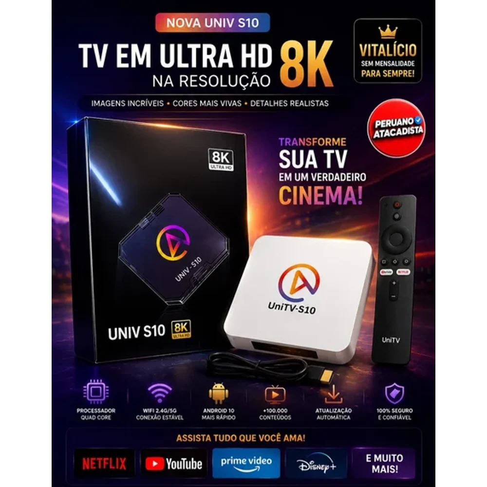 UNI TV conversor S10 8K Ultra HD muitos canal Vitalício