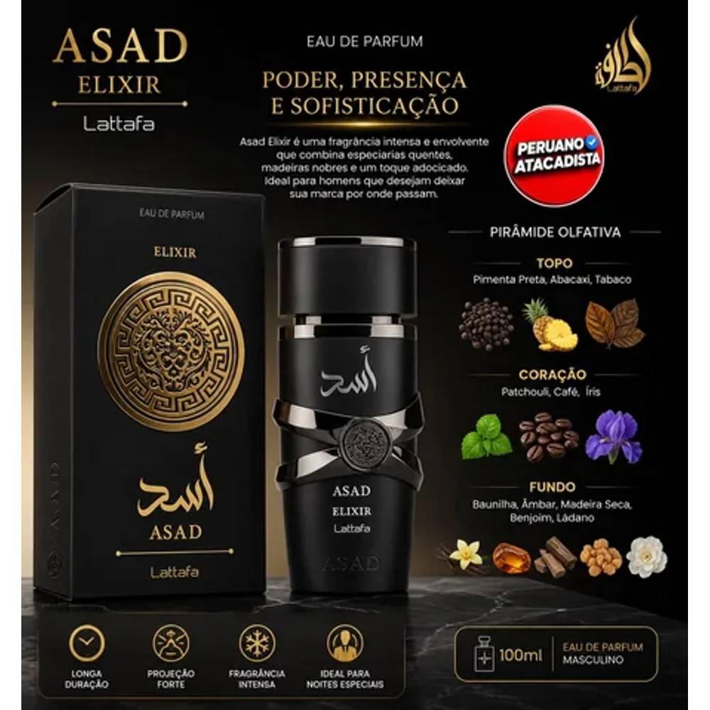 Perfume Árabe Lataffa Asad Elixir Eau 100mL Perfume Árabe Lataffa Asad Elixir Eau 100mL - Perfumes em Goiânia