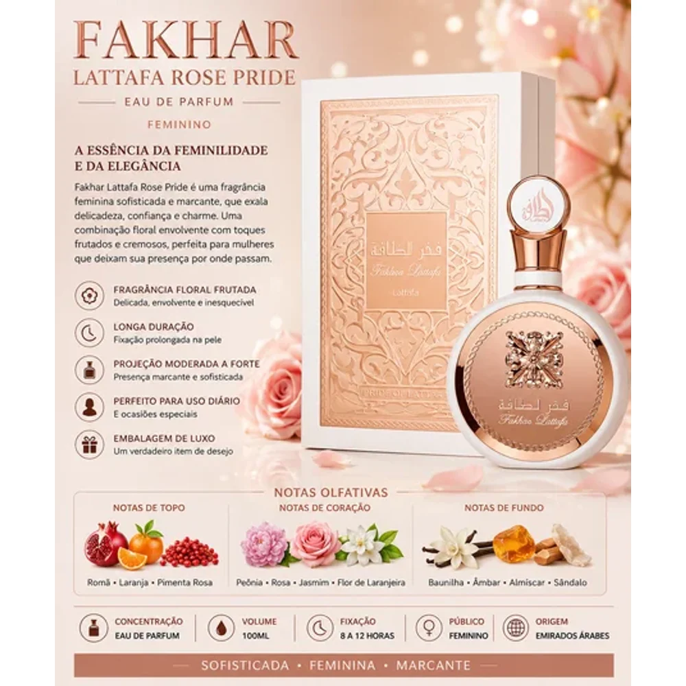 Perfume Árabe Fakhar Lataffa Rose Pride Feminino 100ML