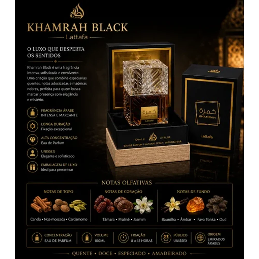 Perfume Árabe Lataffa KHAMRAH Black 100ML Perfume Árabe Lataffa KHAMRAH Black 100ML - Perfumes em Goiânia
