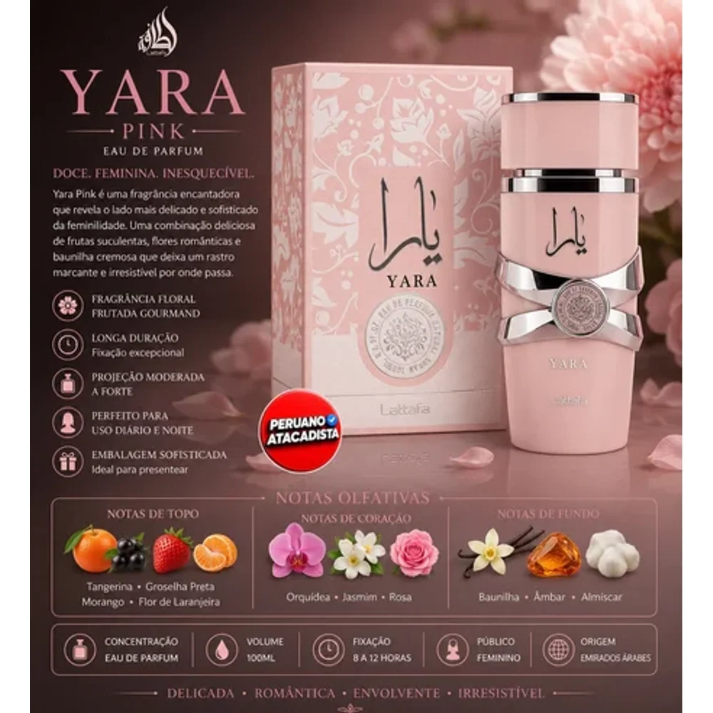 Perfume Árabe Yara Lataffa Pink 100ML linha premium