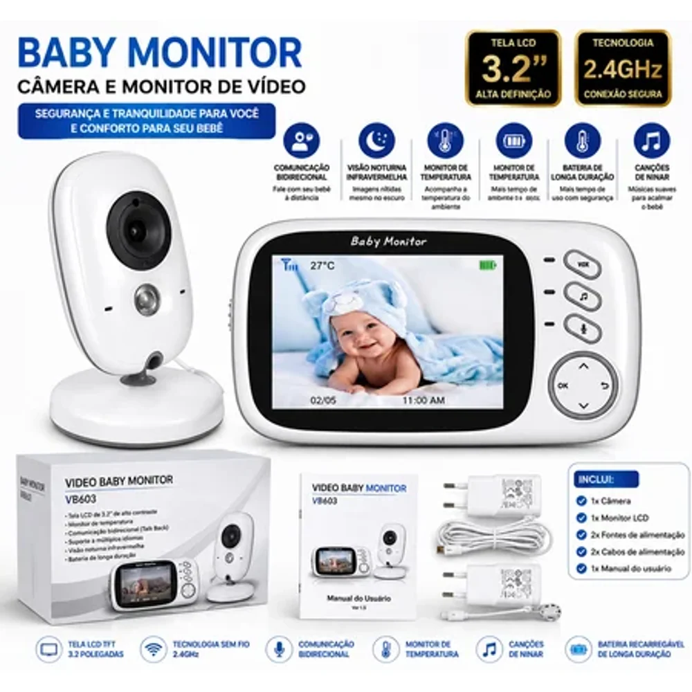 Câmera de Segurança Babá Eletrônica Com Monitor VB603