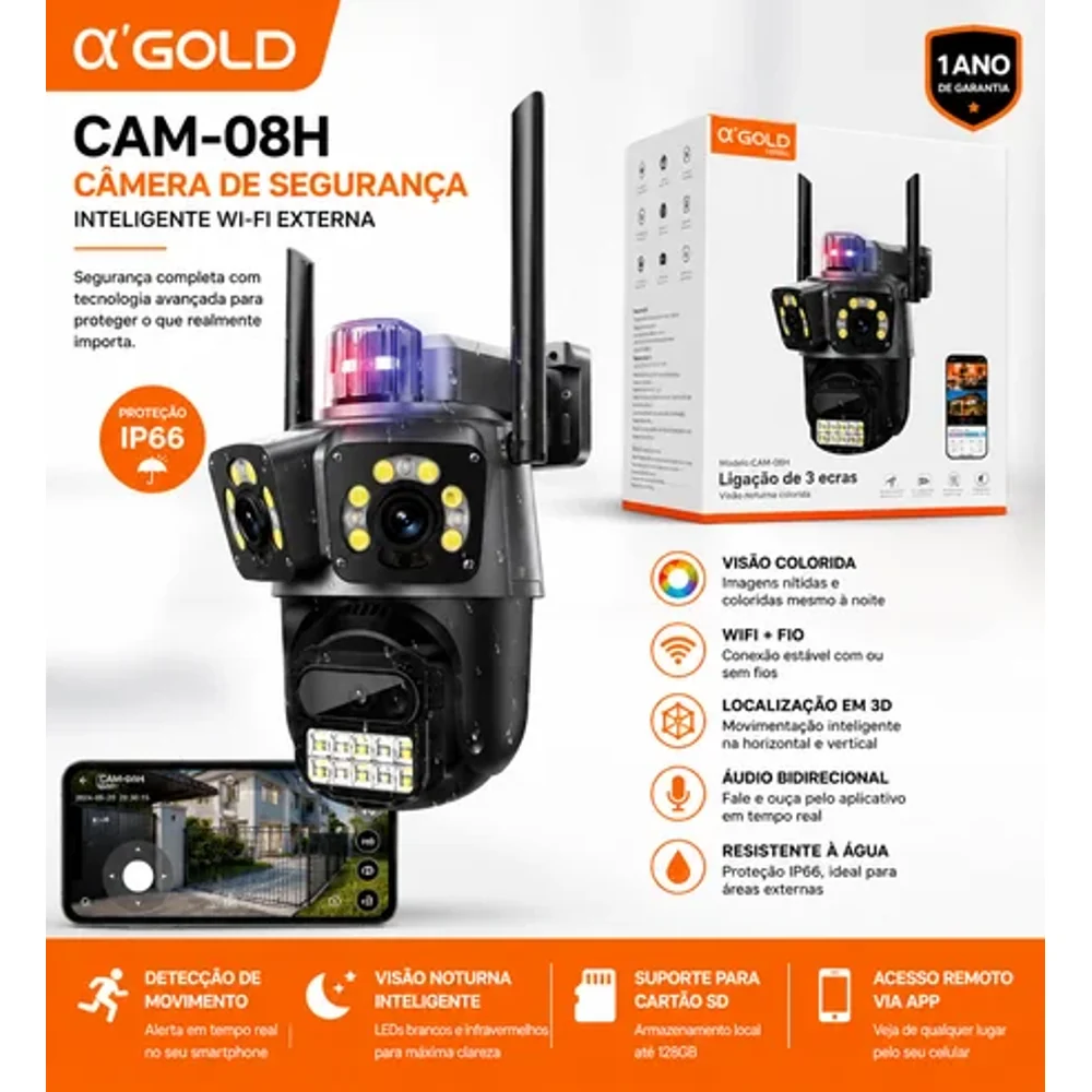 Câmera de Segurança com 3 Lentes WI-FI IP66 CAM-08H