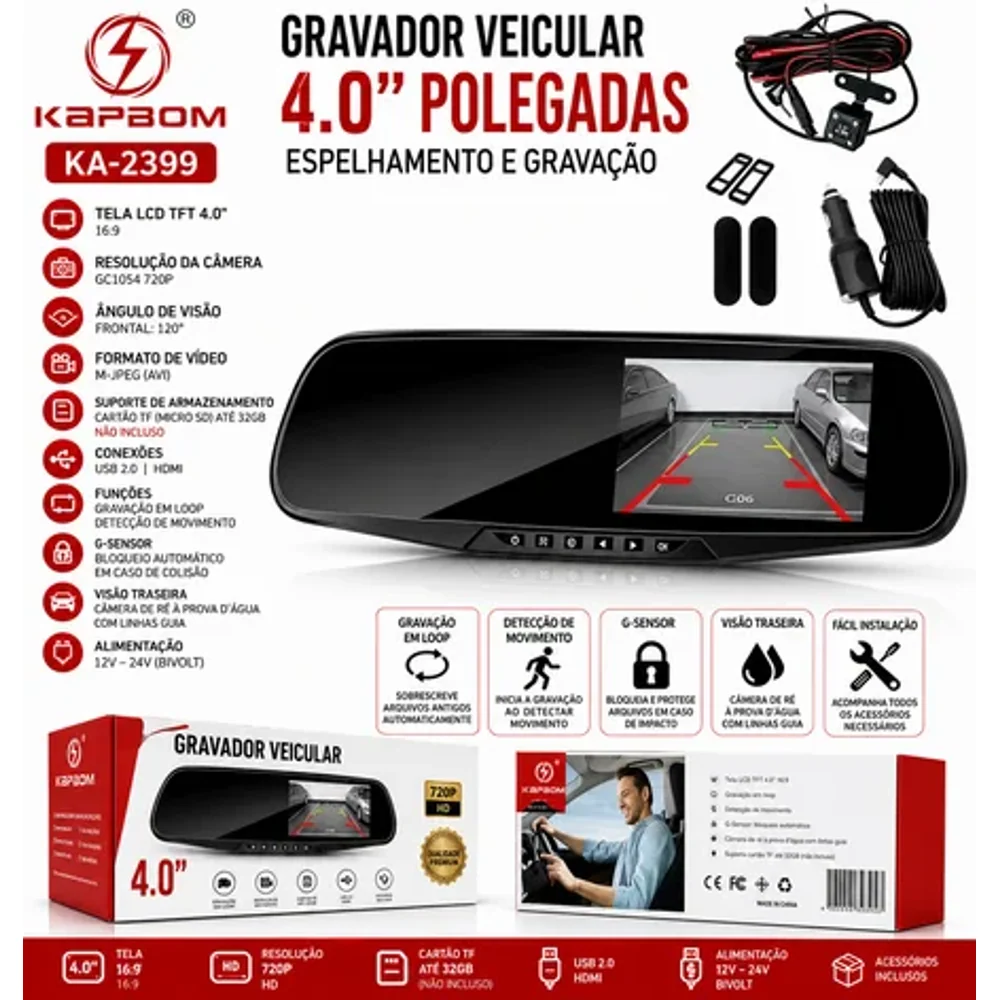 Retrovisor câmera de ré gravadora 1080P FULL HD KA2399 Retrovisor câmera de ré gravadora 1080P FULL HD KA2399 - Câmeras em Goiânia