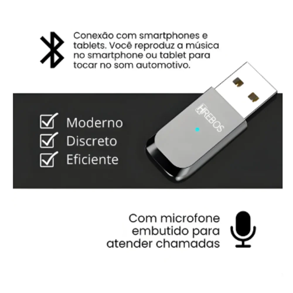 Adaptador Receptor Bluetooth Usb Carro Musica Chamada S/fio Hrebos
