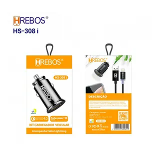 Carregador Veicular Turbo HRebos HS-308i QC4.0 com cabo de Lightning — foto 1