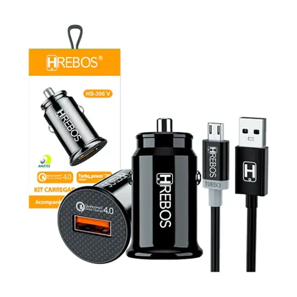 Carregador Veicular Turbo Hrebos Hs-308v + Cabo Micro Usb V8