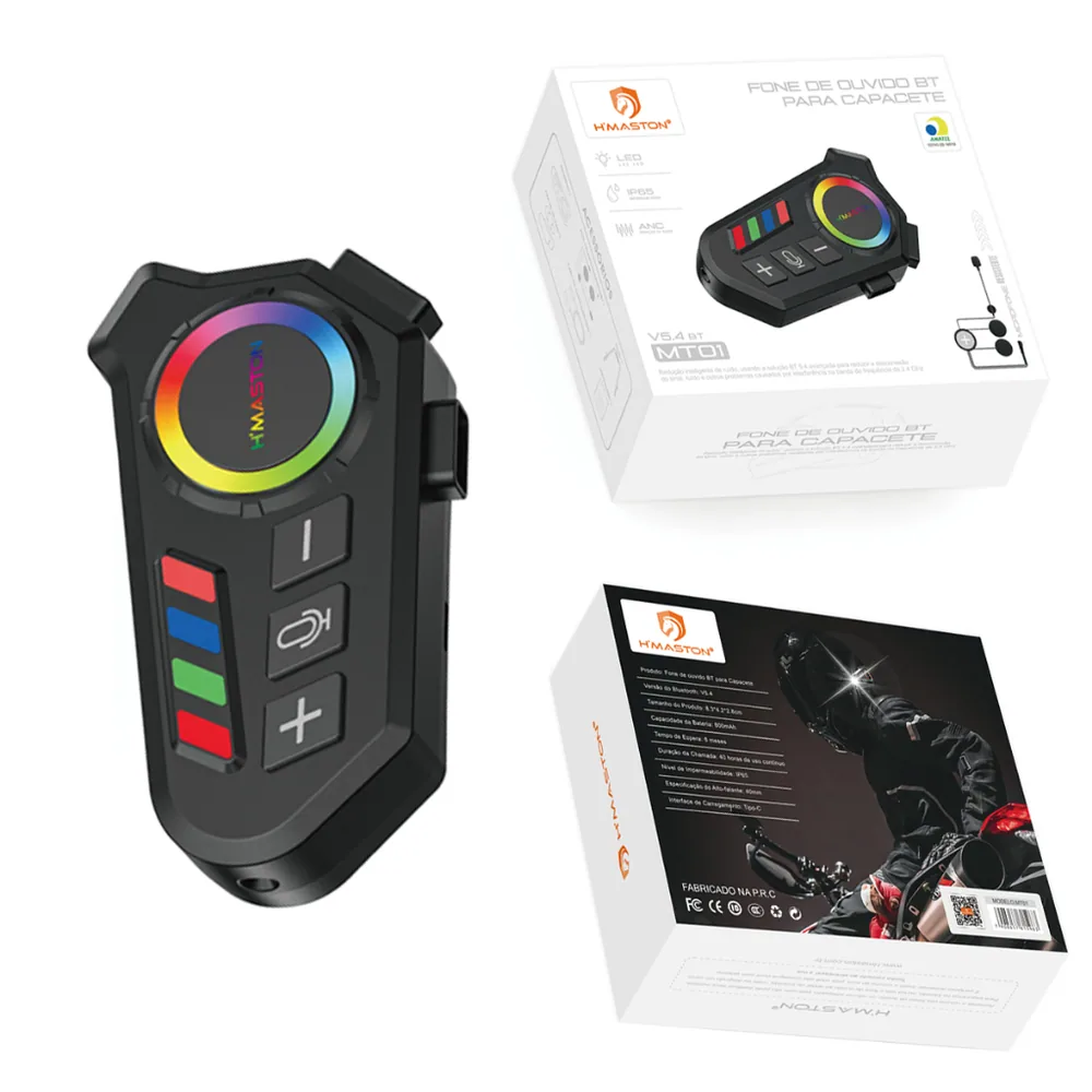 H'maston MT01 Fone de ouvido bt para capacete IP65 TIPO-C Bluetooth LED