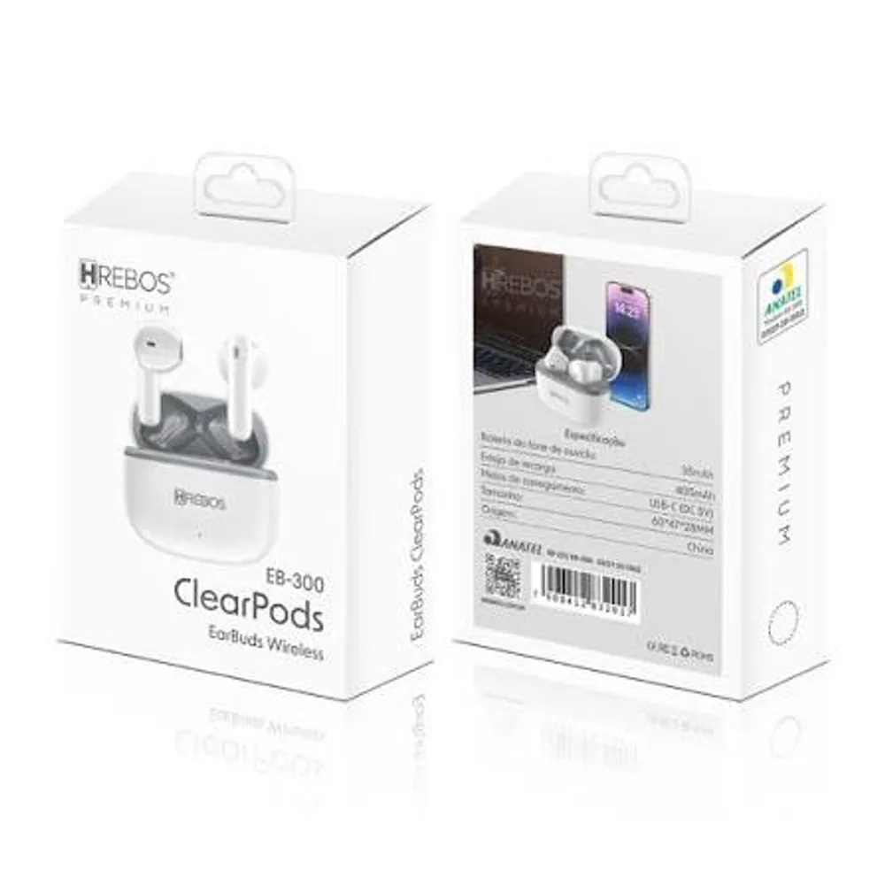 Fone de Ouvido Bluetooth Sem Fio HREBOS ClearPods EB-300