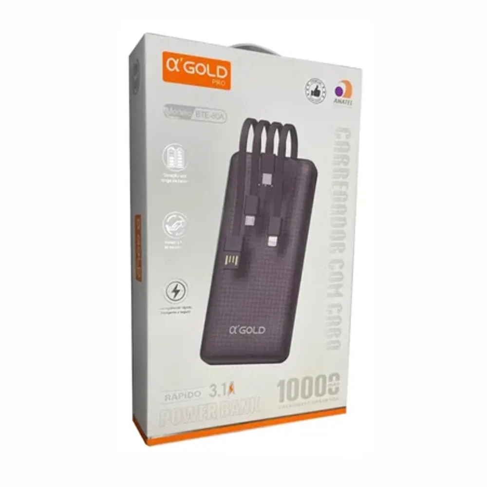 Bateria portátil com cabo 10000mAh 3.1A AGOLD BTE-80A
